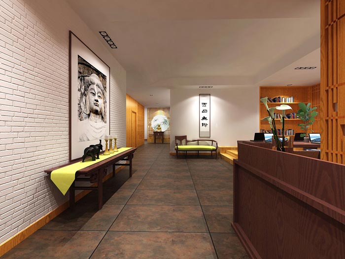 中式禪意租賃托管公司辦公室過道裝修設計案例效果圖