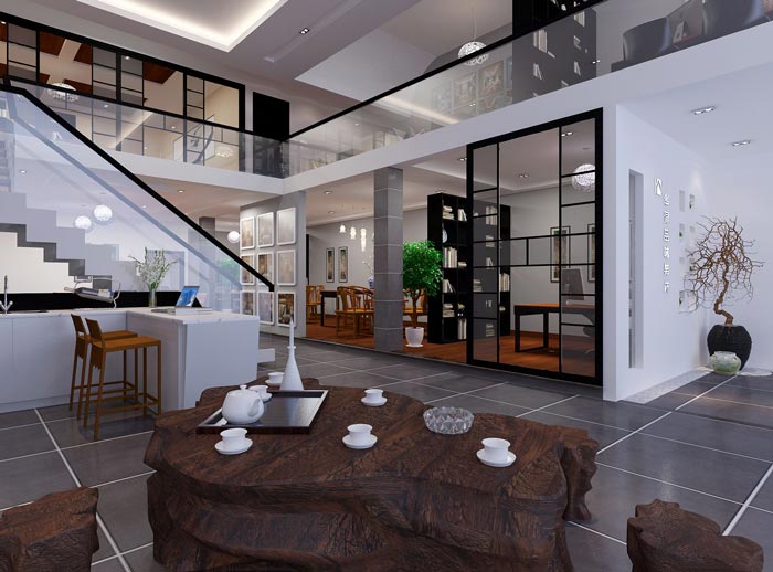 新中式loft風格辦公室接待區域裝修設計案例效果圖