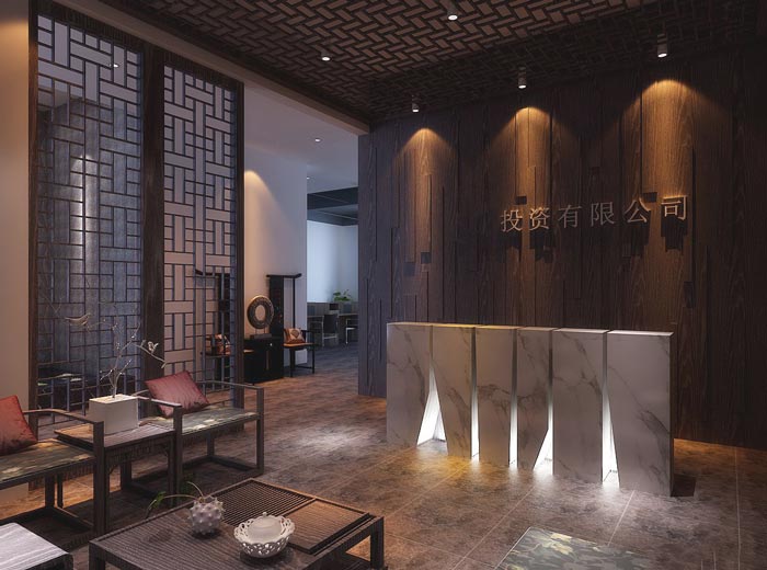 中式風格投資公司辦公室前臺裝修設計案例效果圖